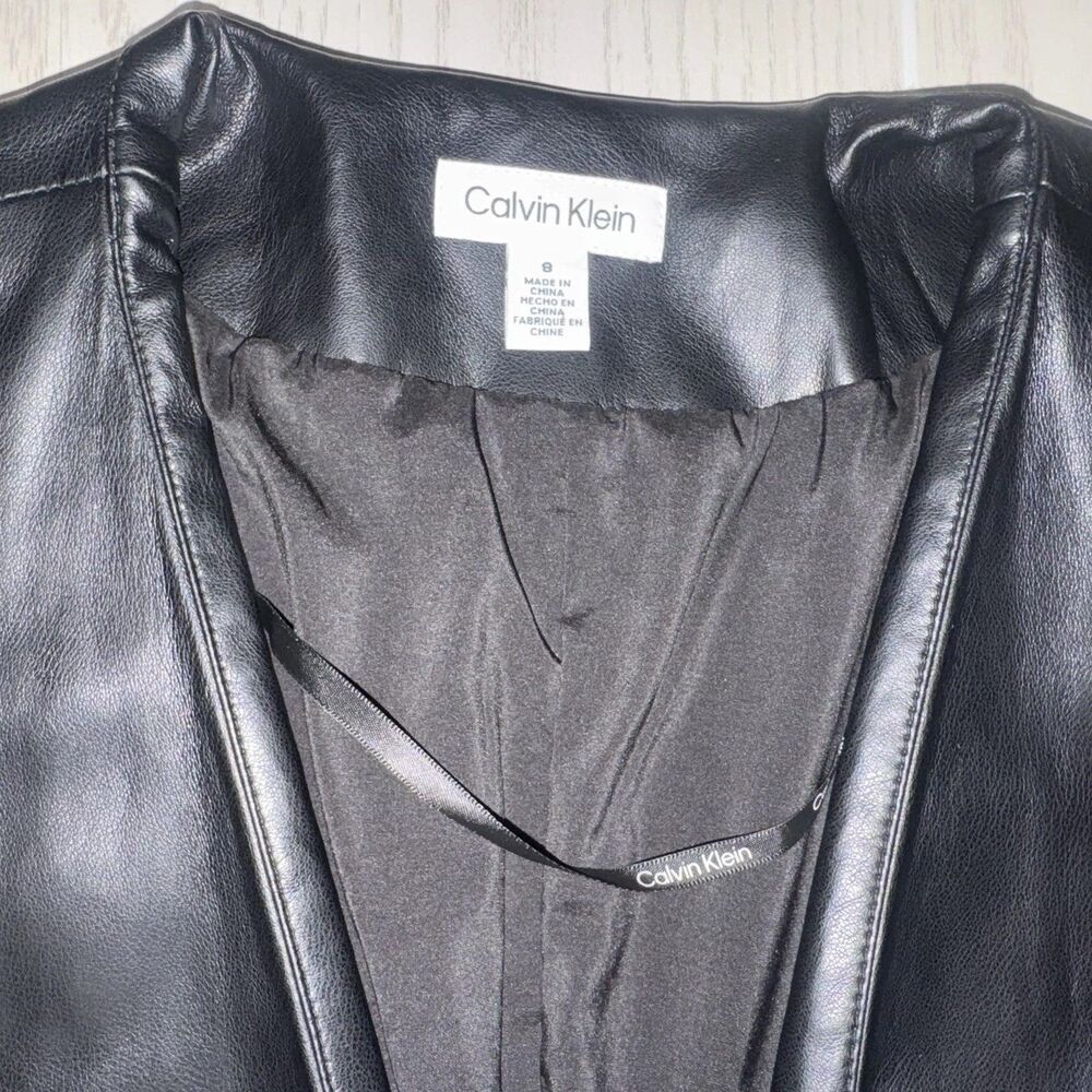 Calvin Klein Women's Black Open Front Faux Leather Lined Jacket Size 8 Very Nice